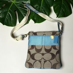 Coach Beige Signature Canvas Crossbody with Light Blue Leather Trim
